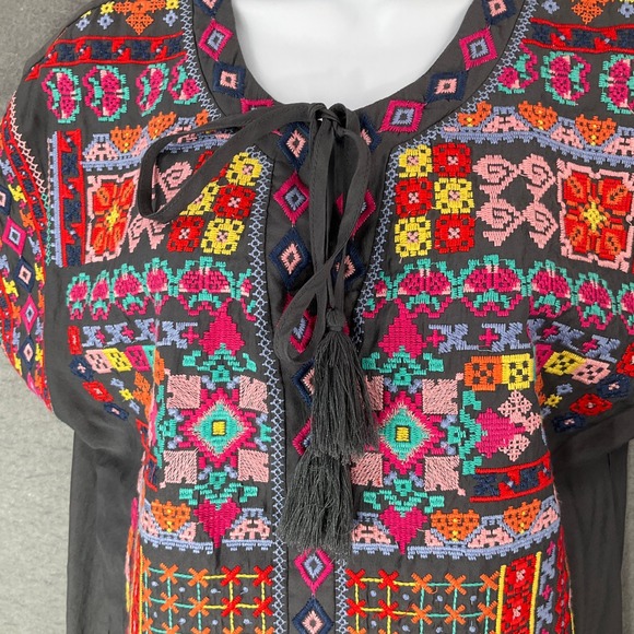 Savanna Jane Top Sz S Embroidered Blouse Gray‎ Colorful Bohemian Festival Tassel - Picture 4 of 8